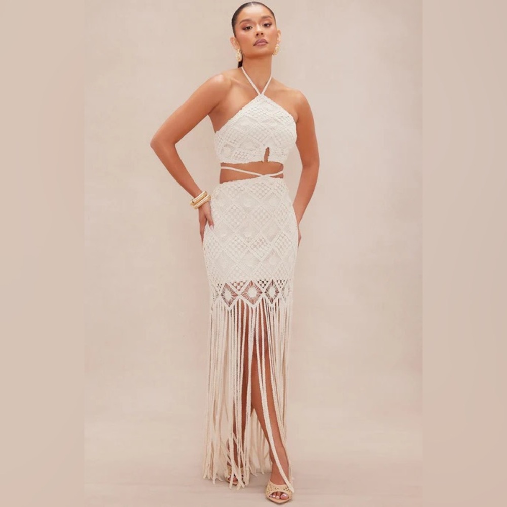 Fashion Nova Luxe Women’s Medium Cream Crochet Fringe Maxi Set Summer Vacation